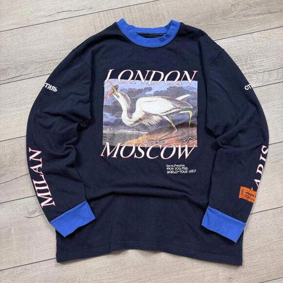 Heron Preston World Tour Long Sleeve Shirt Mens XL Navy Blue Graphic Italy Made - Picture 1 of 10